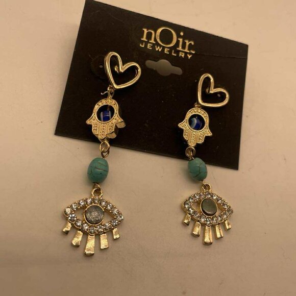 NWT nOir Jewelry Gold Tone Dangle Evil Eye Hamsa Heart Earrings - Picture 1 of 3